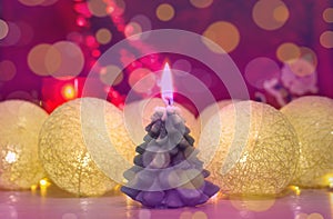 Merry Christmas and happy new year, greeting card. Beautiful decoration for the holidays. Decorations with Cotton Ball Lights and