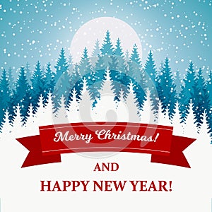 Merry Christmas and Happy New Year greeting card with beautiful winter scenery. Blue Christmas tree landscape with snow. Vector