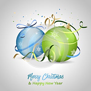 Merry Christmas and Happy New Year greeting card with blue and green baubles, bow, snowflakes and ribbons.