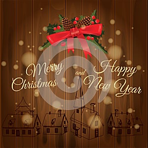 Merry Christmas and Happy New Year greeting card with Chrirstmas decorations fir cones, holly berry on wood boards. Wood
