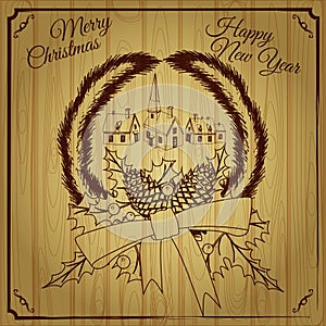 Merry Christmas and Happy New Year greeting card with Chrirstmas decorations fir cones, holly berry on wood boards. Wood