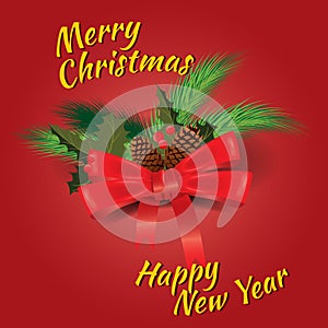 Merry Christmas and Happy New Year greeting card with Chrirstmas decorations fir cones, holly berry. Vector illustration