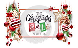 Merry Christmas and Happy New Year greeting card. Christmas big sale poster with fir tree, snowflakes, glass balls, pine cones