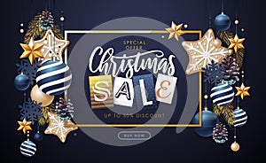 Merry Christmas and Happy New Year greeting card. Christmas big sale poster with fir tree, snowflakes, glass balls, pine cones and