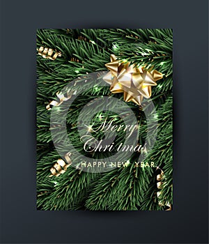 Merry Christmas and Happy New Year greeting card with Christmas branches, with gift gold bow, with decorations on dark background