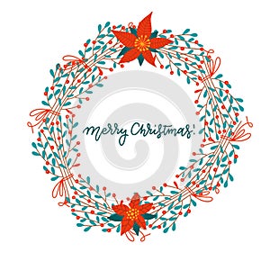 Merry Christmas and happy new year. Greeting card with christmas floral mistletoe wreath. Unique festive winter design