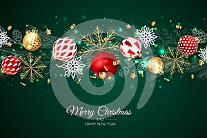 Merry Christmas and Happy New Year greeting card. Christmas holiday background with fir tree, snowflakes, balls.