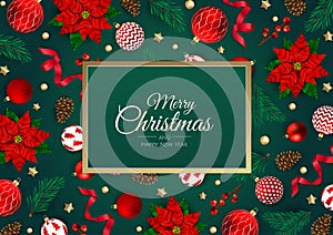 Merry Christmas and Happy New Year greeting card. Christmas holiday background with fir tree, snowflakes, balls.