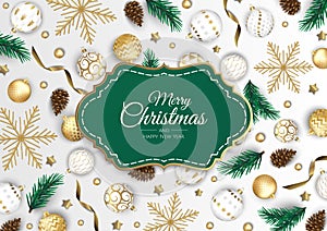 Merry Christmas and Happy New Year greeting card. Christmas holiday background with fir tree, snowflakes, balls.
