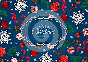 Merry Christmas and Happy New Year greeting card. Christmas holiday background with fir tree, snowflakes, balls.