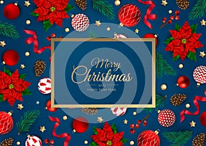 Merry Christmas and Happy New Year greeting card. Christmas holiday background with fir tree, snowflakes, balls.