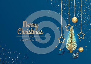 Merry Christmas and Happy New Year greeting card. Christmas holiday background with fir tree, snowflakes, balls.