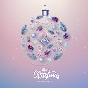 Merry Christmas and Happy New Year greeting card. Christmas holiday background with fir tree, snowflakes, glass balls, gift box