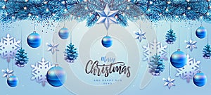 Merry Christmas and Happy New Year greeting card. Christmas holiday background with fir tree, snowflakes, glass balls, pine cones