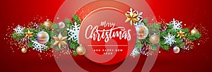 Merry Christmas and Happy New Year greeting card. Christmas holiday background with fir tree, snowflakes, glass balls, pine cones