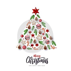 Merry Christmas and Happy New Year greeting card. Christmas holiday background with fir tree, snowflakes, glass balls, pine cones