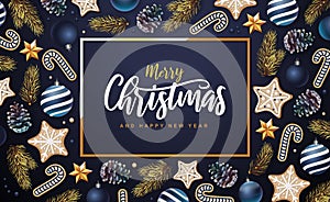 Merry Christmas and Happy New Year greeting card. Christmas holiday background with fir tree, snowflakes, glass balls, pine cones