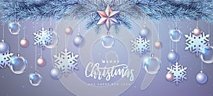 Merry Christmas and Happy New Year greeting card. Christmas holiday background with fir tree, snowflakes, glass balls and star