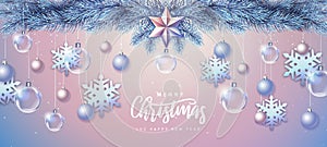 Merry Christmas and Happy New Year greeting card. Christmas holiday background with fir tree, snowflakes, glass balls and star