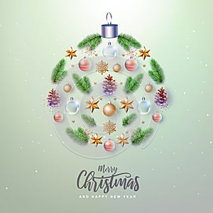 Merry Christmas and Happy New Year greeting card. Christmas holiday background with fir tree, snowflakes, glass balls and stars