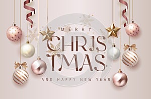 Merry Christmas and Happy New Year greeting card. Christmas holiday background with snowflakes, glass balls and stars