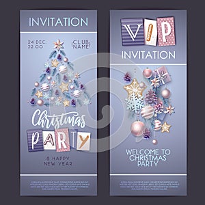Merry Christmas and Happy New Year greeting card. Christmas holiday invitation with fir tree, snowflakes, glass balls, pine cones