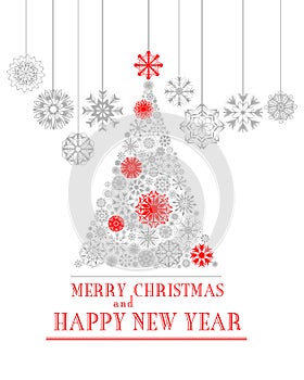 Merry Christmas and Happy New Year greeting card with christmas tree