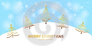 Merry Christmas and Happy new Year greeting card with Christmas tree and falling snow. Winter landscape