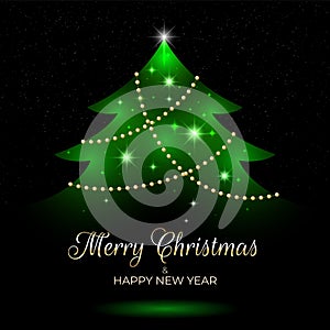 Merry christmas and happy new year greeting card. Christmas tree, lights, golden decoration. Design for invitation, greeting card