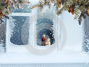 Merry Christmas and happy New Year greeting card with copy-space.Christmas background.Frosted window with Christmas decoration