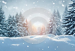 Merry Christmas and happy New Year greeting card with copy-space. Christmas landscape with snow and fir tree