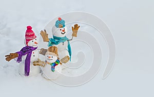 Merry Christmas and happy new year greeting card with copy-space. Happy smiling family snowman - sale discount concept