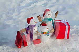 Merry Christmas and happy new year greeting card with copy-space. Happy smiling family snowman - sale discount concept