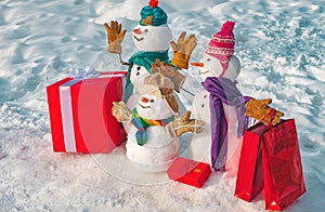 Merry Christmas and happy new year greeting card with copy-space. Happy smiling family snowman - sale discount concept