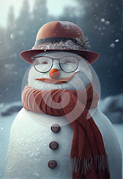 Merry christmas and happy new year greeting card with copy-space.Happy snowman standing in christmas landscape.Snow