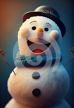 Merry christmas and happy new year greeting card with copy-space.Happy snowman standing in christmas landscape.Snow