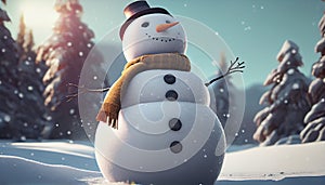 Merry christmas and happy new year greeting card with copy-space.Happy snowman standing in christmas landscape.Snow