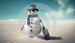 Merry christmas and happy new year greeting card with copy-space.Happy snowman standing in christmas landscape.Snow