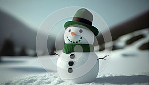 Merry christmas and happy new year greeting card with copy-space.Happy snowman standing in christmas landscape.Snow