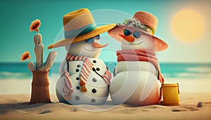 Merry christmas and happy new year greeting card with copy-space.Happy snowman standing in christmas landscape.Snow