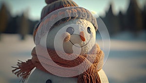 Merry christmas and happy new year greeting card with copy-space.Happy snowman standing in christmas landscape.Snow