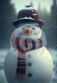 Merry christmas and happy new year greeting card with copy-space.Happy snowman standing in christmas landscape.Snow