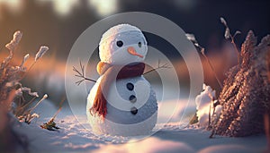 Merry christmas and happy new year greeting card with copy-space.Happy snowman standing in christmas landscape.Snow