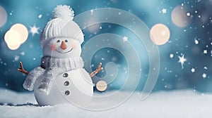 Merry christmas and happy new year greeting card with copy-space.Happy snowman standing in christmas landscape.Snow background.