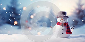 Merry christmas and happy new year greeting card with copy-space.Happy snowman standing in christmas landscape.Snow background.