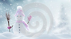 Merry christmas and happy new year greeting card with copy-space.Happy snowman standing in landscape.Snow background.Winter