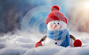 Merry Christmas and Happy New year greeting card with copy-space. Happy snowman standing in snow background