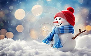 Merry Christmas and Happy New year greeting card with copy-space. Happy snowman standing in snow background