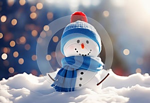 Merry Christmas and Happy New year greeting card with copy-space. Happy snowman standing in snow background