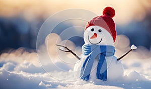 Merry Christmas and Happy New year greeting card with copy-space. Happy snowman standing in snow background